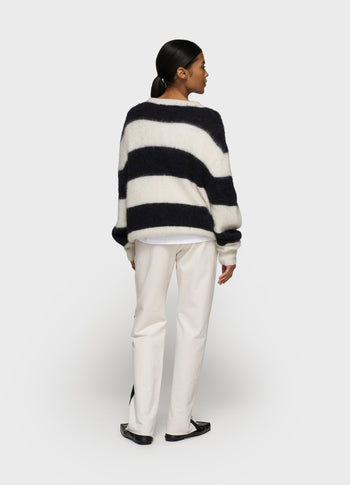 cropped hairy knit sweater stripes | ecru/black
