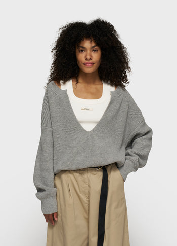 v-neck knit sweater cashmere | light grey melee