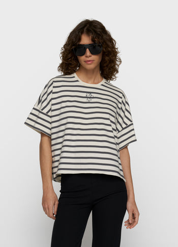 wijd T-shirt strepen | ecru/steel blue