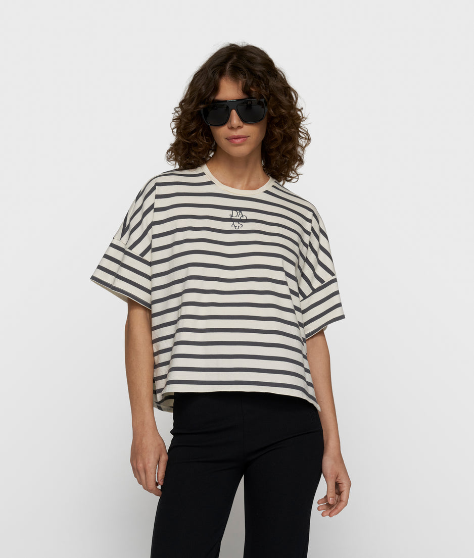 wijd T-shirt strepen | ecru/steel blue