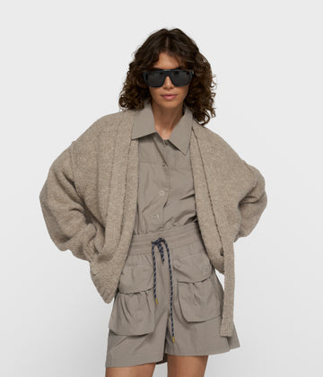 short belted knit cardigan | fog