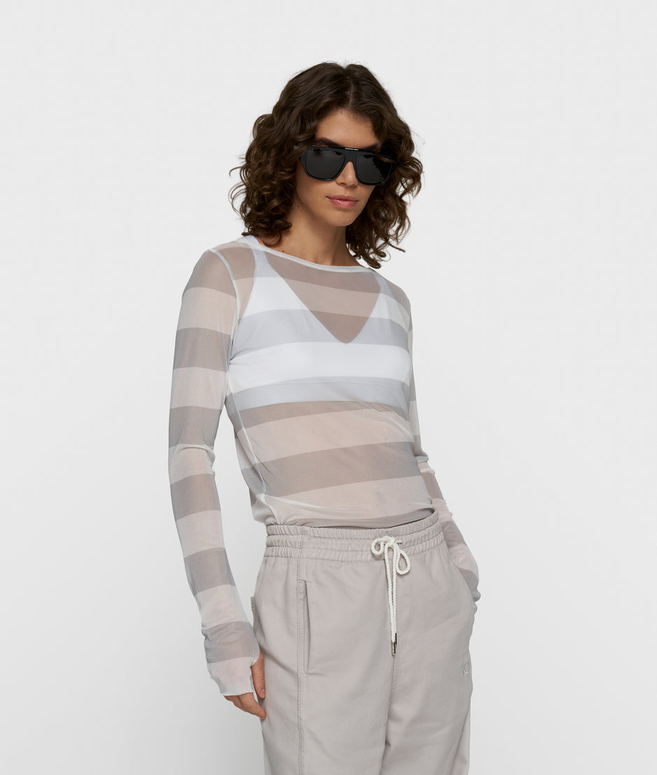 mesh top lange mouwen strepen | white/stone