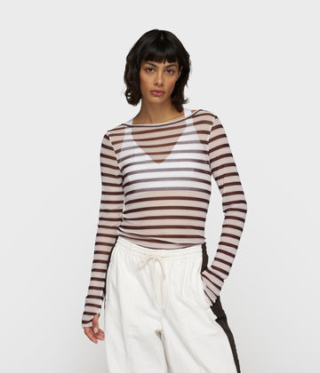 mesh long sleeve stripes | ecru/wine