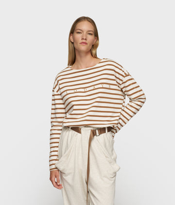 boat neck top stripes | ecru/suede