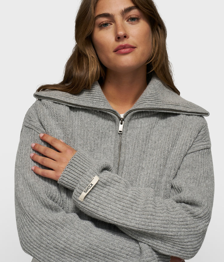 cropped knit zip jacket | light grey melee