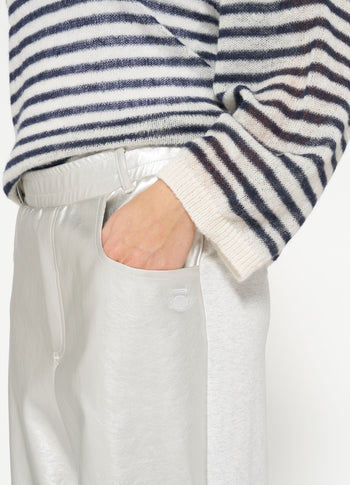 thin knit sweater stripe | ecru/night sky