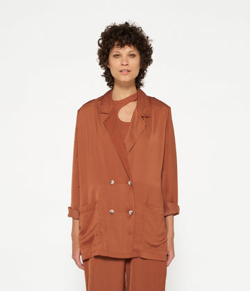 double breasted satin blazer | saddle brown