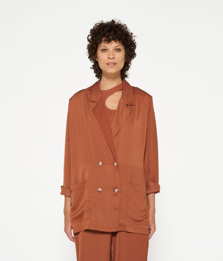 double breasted satin blazer | saddle brown