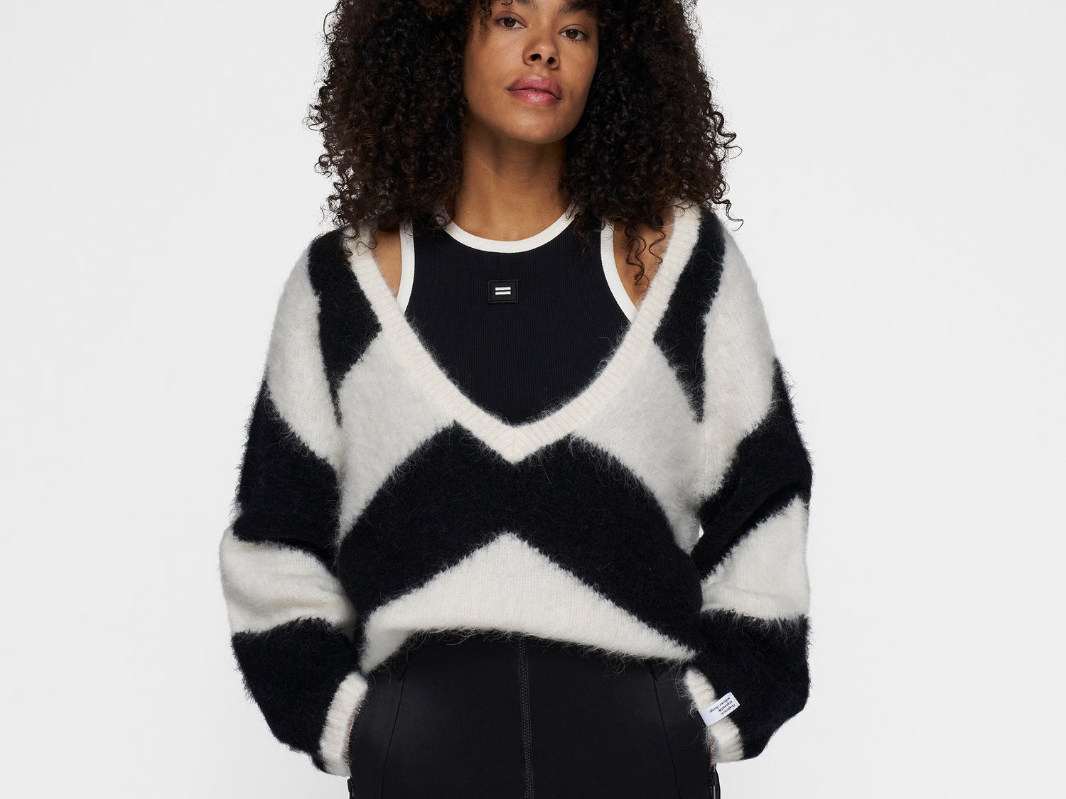 soft v-neck sweater stripe | ecru/black