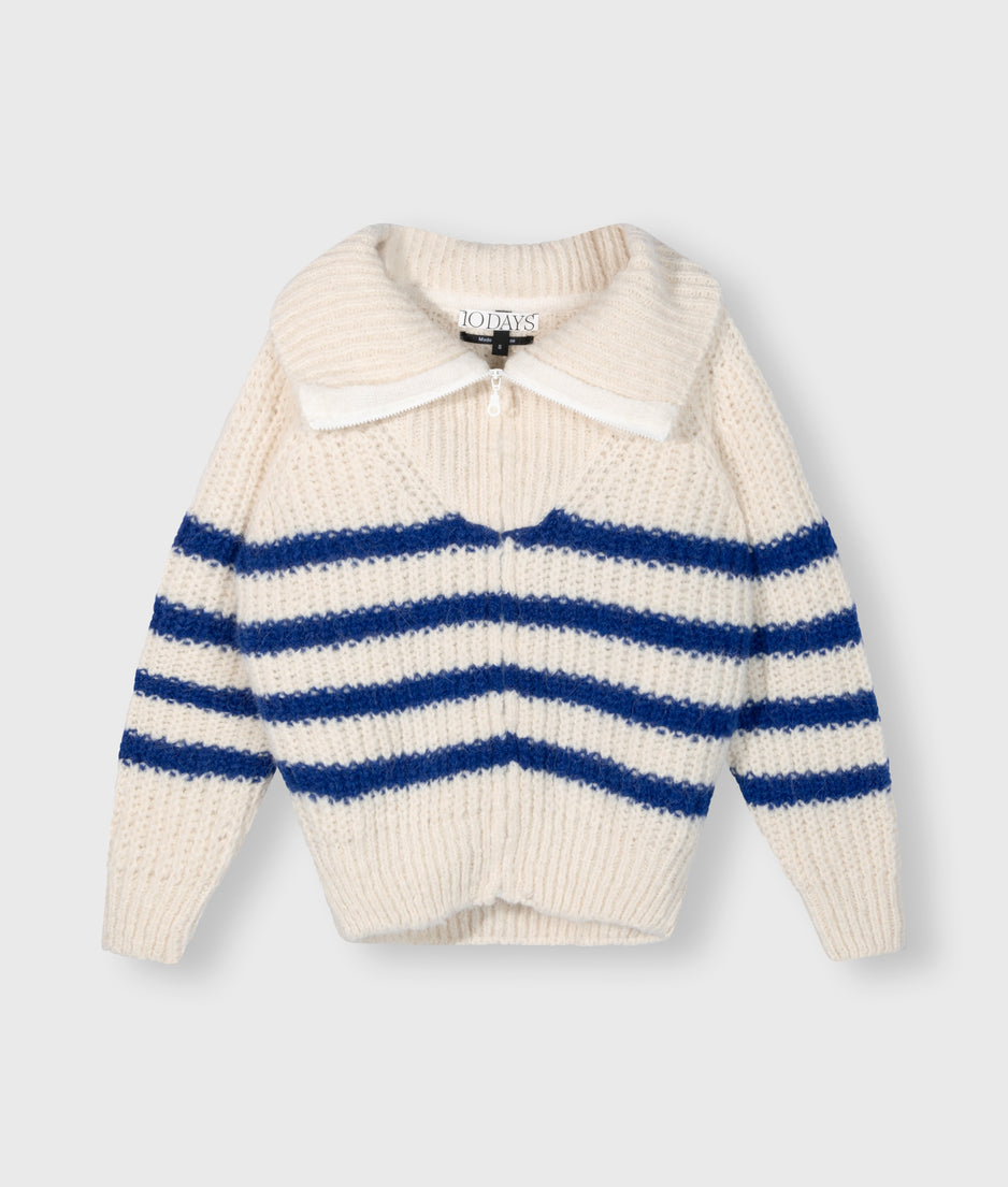 zip cardigan knit stripes | ecru/true blue