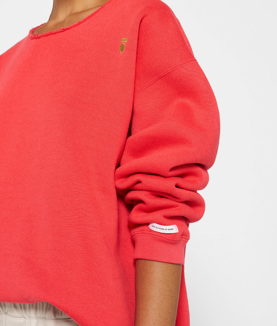 raw edge statement sweater | coral red