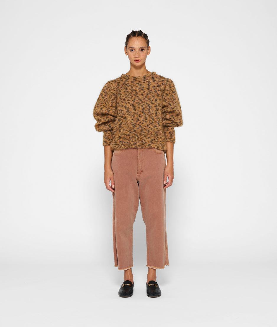 puffed sweater knit leopard | saddle brown