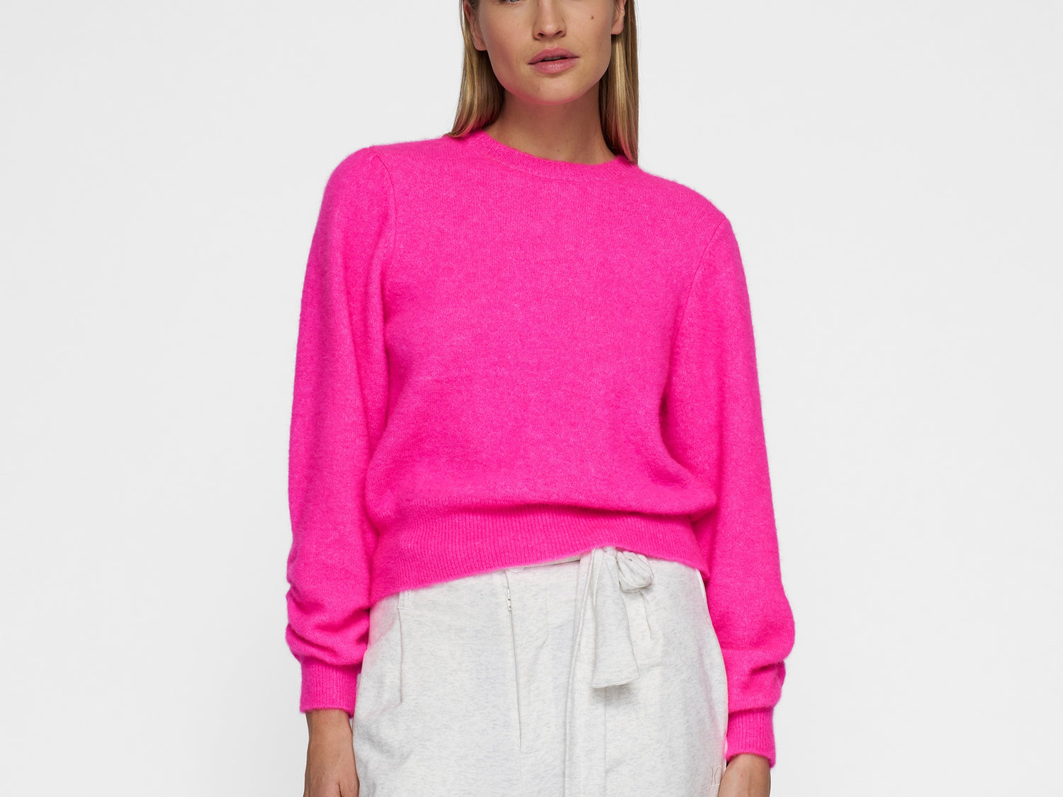 puffed sleeves knit sweater | neon pink