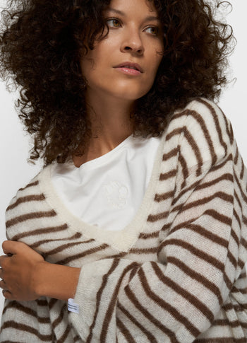 thin v-neck knit sweater | dark truffle/ecru