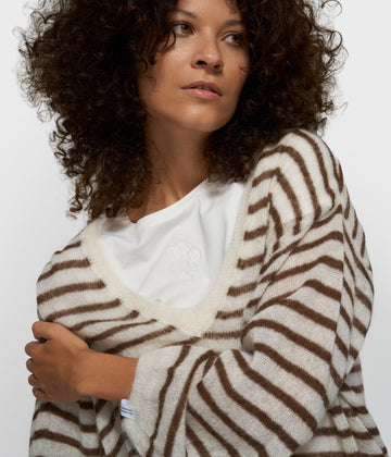 thin v-neck knit sweater | dark truffle/ecru