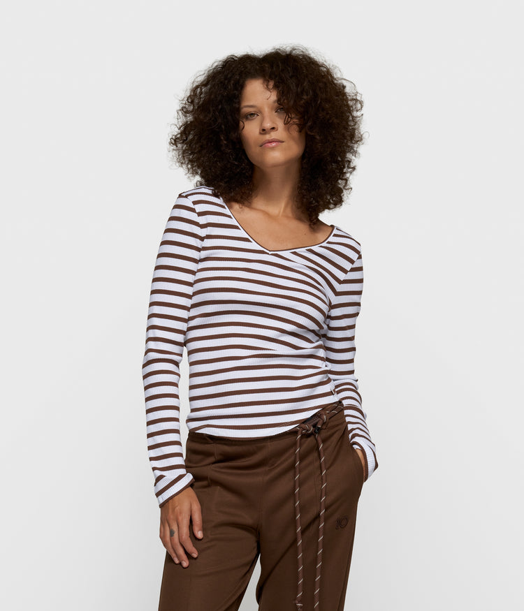 v-neck ballet top stripes | white/dark truffle