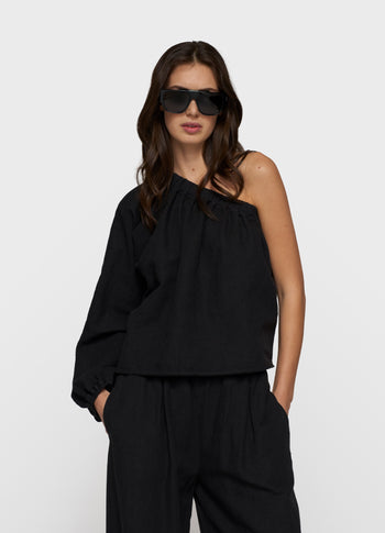 one shoulder top linen | black