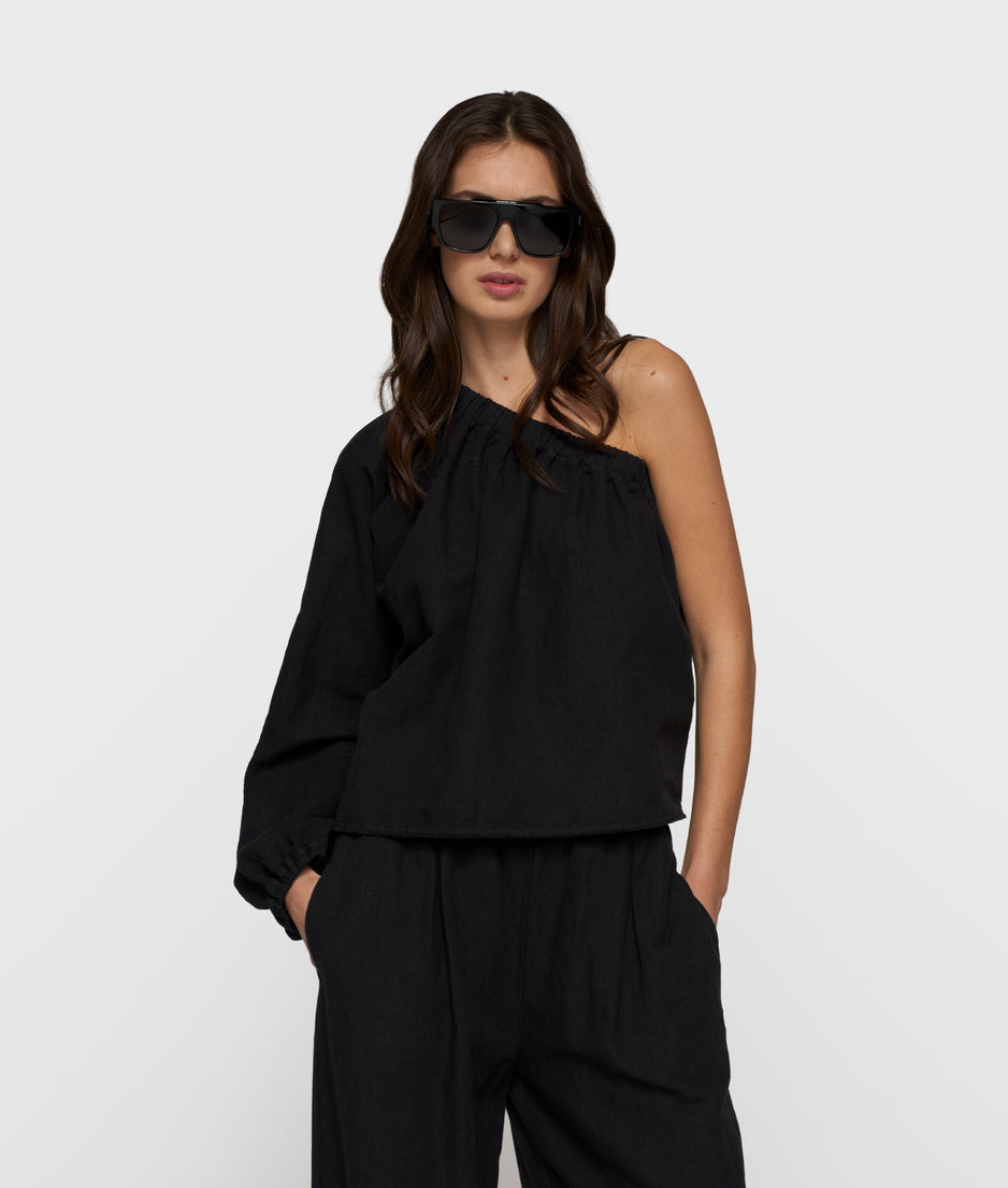 one shoulder top linen | black